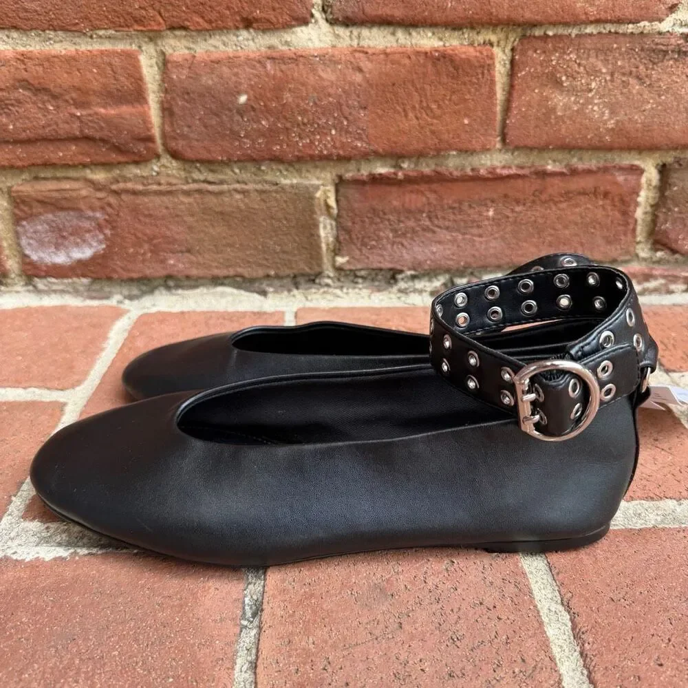 MNG by Mango Ballet Flats Eyelet Ankle Strap Leather Effect 37 NEW